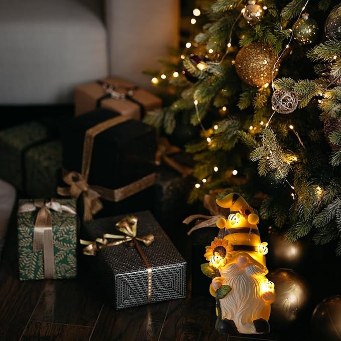 Garden Figurines Gnome Statue Decorations - Solar Resin Spring Bee Gnome Figurine Solar Garden Lights Outdoor Decorations Waterproof for Patio,Yard,Lawn,