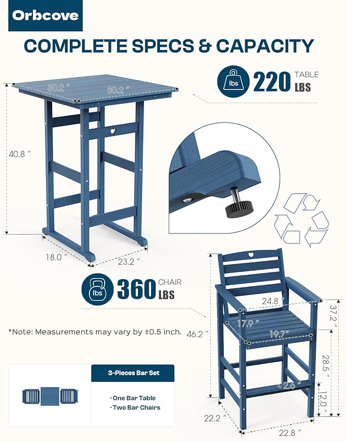 Adirondack Outdoor Bar Table, Durable HDPE Composite, Weather Resistant, Easy to Clean, Perfect for Backyard and Poolside Use, Navy Blue