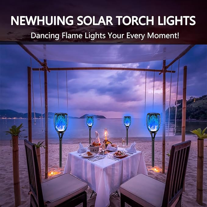 4PCs Halloween Solar Torch Lights Outdoor, 43in 96 LED, Waterproof Landscape Garden Pathway Light with Blue Vivid Dancing Flickering Flames, Auto On/Off Dusk to Dawn for Halloween Lights Decoration