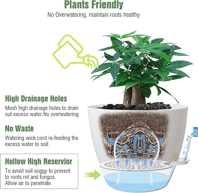 12inch Self Watering Pots, Plastic Planters with Mesh Drainage Holes and Deep Reservoir for Indoor Outdoor Garden Plants and Flowers, White