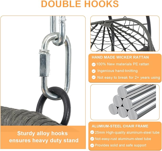 2 Person Double Egg Swing Chair with Stand Indoor Outdoor, Hammock Egg Chair Outdoor, Patio Wicker Hanging Egg Chair w/Cushion 700LBS Capacity for Bedroom, Balcony, Garden, Dark Grey