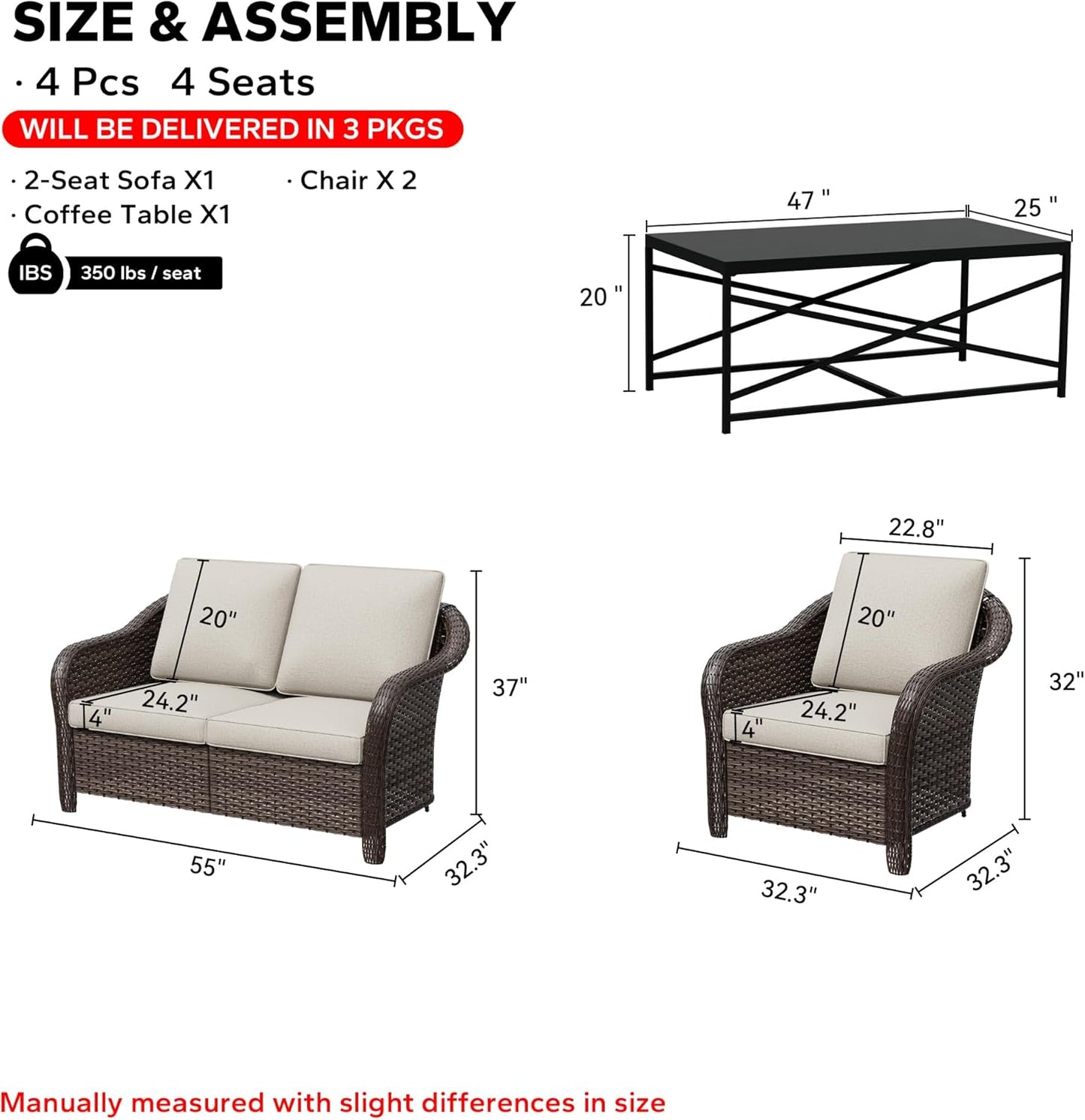 4 Pieces Outdoor Conversation Furniture Set, 55" Patio Couch，47" Metal Coffee Table, 2 Chairs, Rattan Wicker Sofa with Removable Cushions for Bistro, Deck (Beige)