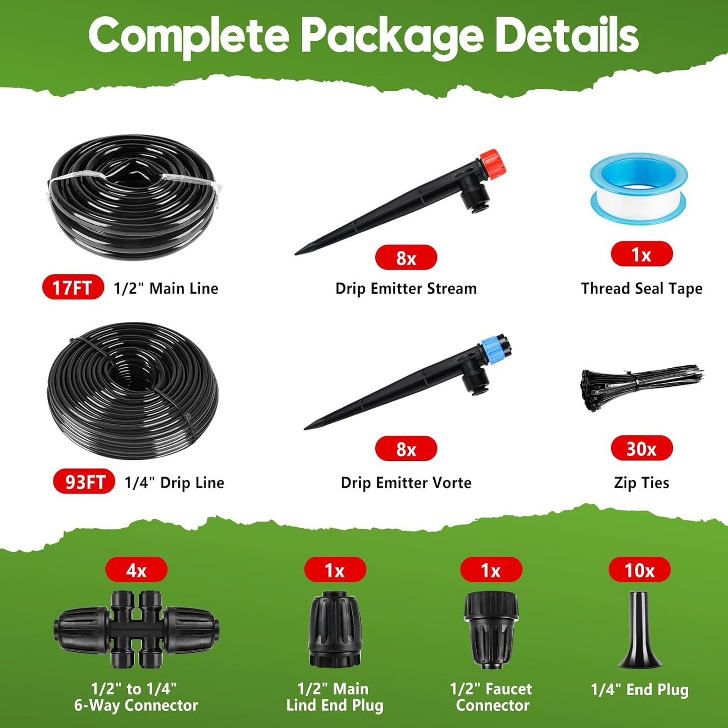 110FT Drip Irrigation System for Garden, Quick-Connect Automatic Garden Watering System with 1/2" & 1/4" Tubing and Accessories - Adjustable Sprinklers Kit for Greenhouse, Yard, Lawn, Raised Bed