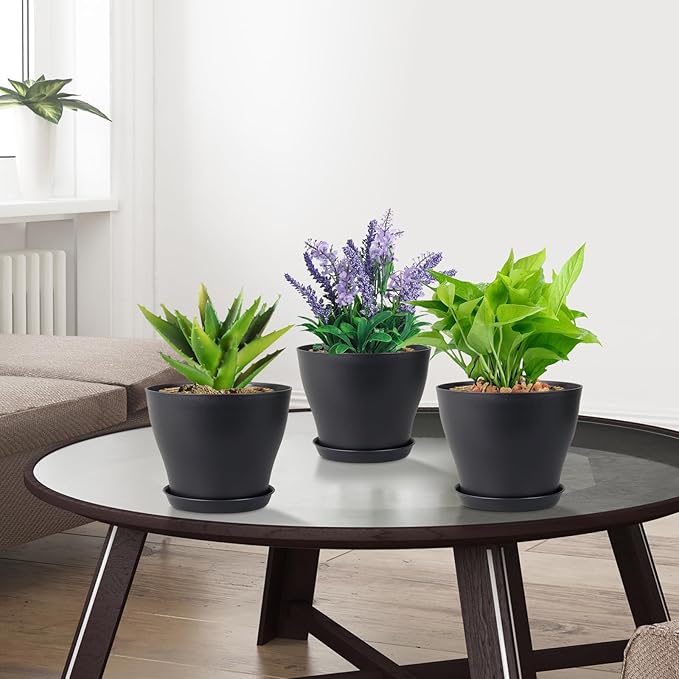 6 inch Plastic Nursery Pots, Seedling Pots, 16 Pack Plant Pots for Small Indoor Outdoor Plants, Flower Pots with Drainage Holes and Saucers, Decorative Planters for House Plants, Black