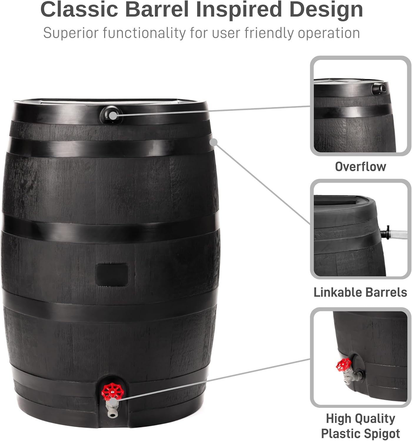 50-Gallon ECO Rain Barrel Made with 100% Recycled Plastic, Flat Back Rain Water Collection Barrel, Soaker Hose Included, Black