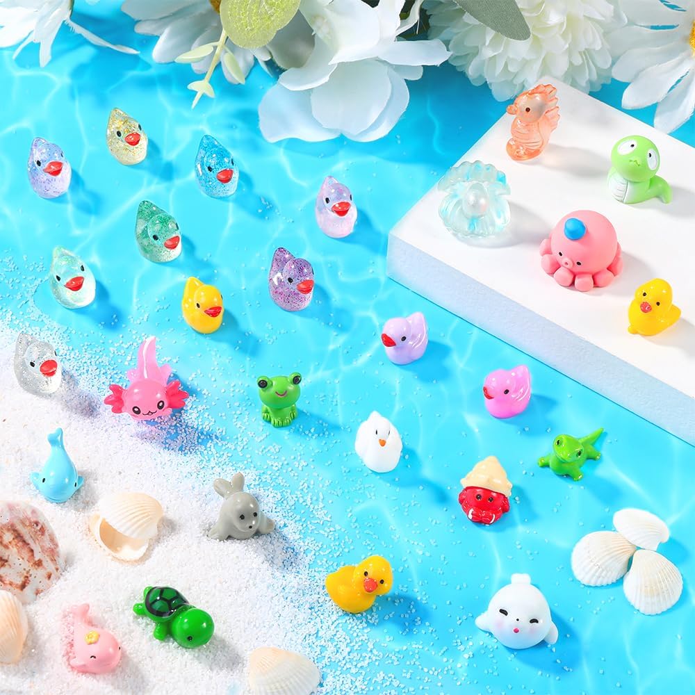 150pcs Mini Resin Animals, Colorful Tiny Small Little Glitter Ducks Mushroom Figures to Hide Miniature Figurines for Dollhouse Micro Landscape Aquarium Decorations DIY Crafts