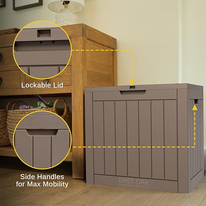 EAST OAK Outdoor Storage Box, 31 Gallon Deck Box, Waterproof Resin Storage Bin for Patio Cushions, Gardening Tools, Accessories, Lockable, UV Resistant, Brown