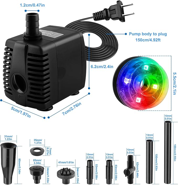 15W 800L/H Submersible Pond Fountain Pump with LED Lights, Ultra Quiet Water Pump, Pond Fountains Pump for Small Pond, Koi, Garden, Aquariums, Fish Tanks, Indoor Outdoor Fountain 3 Type Nozzles