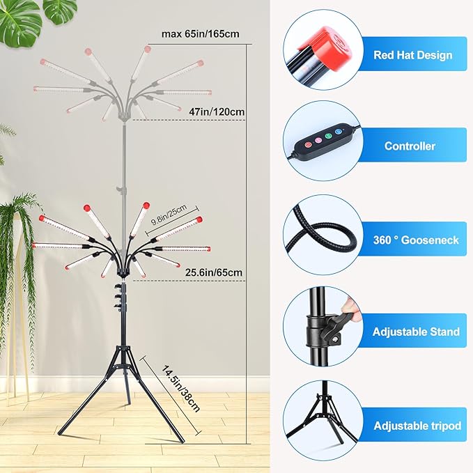10-Head Grow Lights for Indoor Plants with Stand 90W, LED Plant Grow Light for Tall Houseplants, Bonsai Tree, Full Spectrum Growing Lamp with 4,8,12 Hr Timer, 24"-64" Adjustable Height