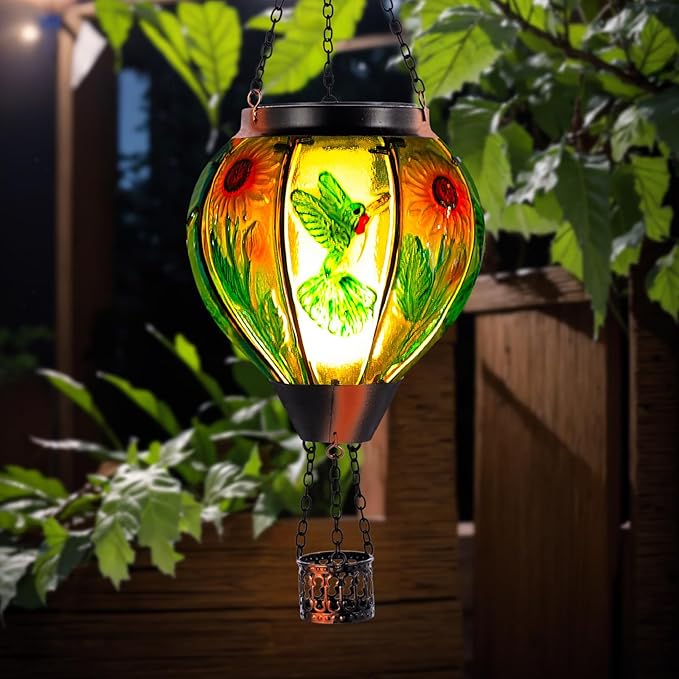 Hummingbird and Sunflower Solar Hot Air Balloon Lantern with Flame, Glass Hot Air Balloon Solar Lantern Outdoor Waterproof, Hanging Solar Lantern for Outside Garden Patio Tree Porch Yard