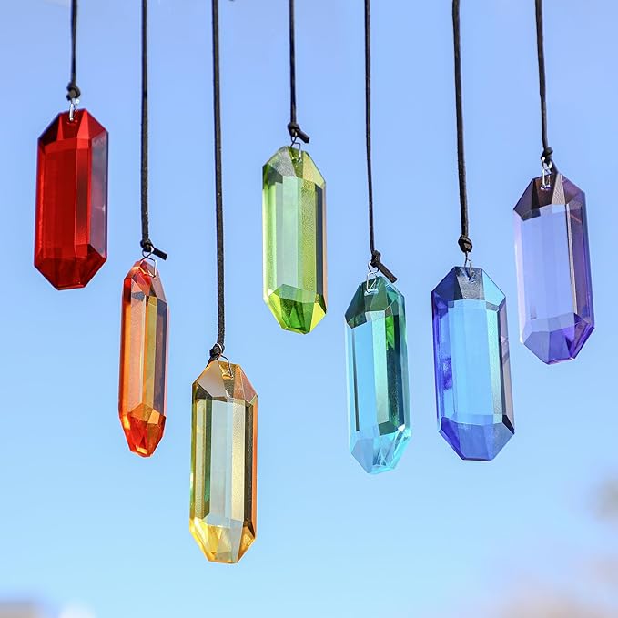 HDCRYSTALGIFTS 7pcs Crystal Suncatcher Prisms 3'' Window Hanging Ornament Rainbow Glass Prism Sun Catcher Decor for Home Garden