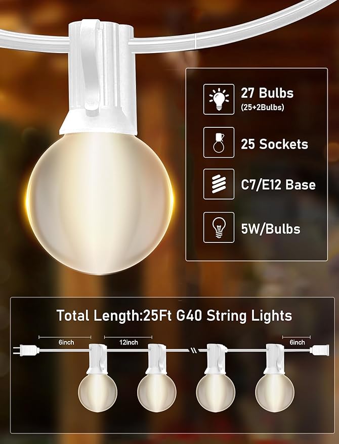 25FT Frosted White Lights G40 Globe Outdoor String Lights Patio Lights with 25 Frosted White Globe Bulbs - White Wire