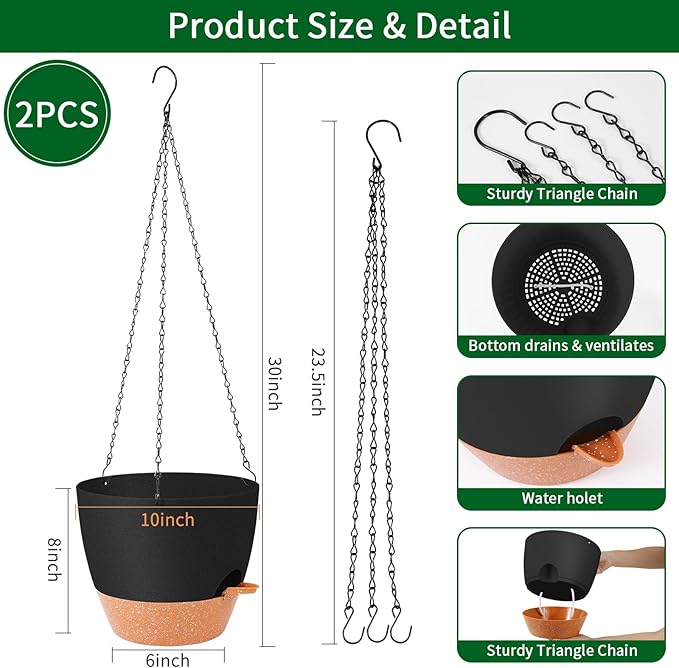 GARDIFE Hanging Planter, 10 inch Hanging planters for Indoor. Outdoor Plants, Self Watering Plant Pot, 2 Pack Large self Watering Hanging Planter, Black