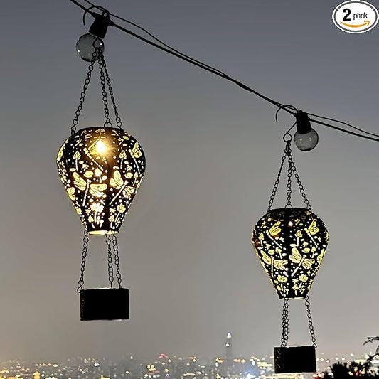 2-Pack Dragonfly Decor Hot Air Balloon Solar Lantern – Outside Decorative Hanging Light for Garden Yard Patio Porch Lawn and Pathway – Unique Housewarming, Birthday Gift for Women Mom Grandma