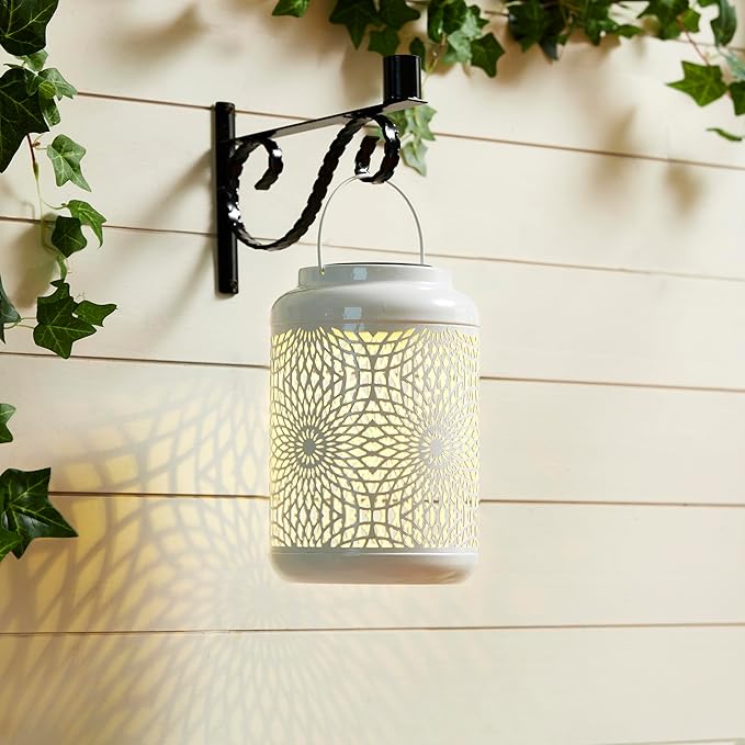 Glitzhome Solar Lantern White Metal Cutout Scrollwork Outdoor Hanging Solar Light with Handle for Garden Patio Yard Outdoor Decor