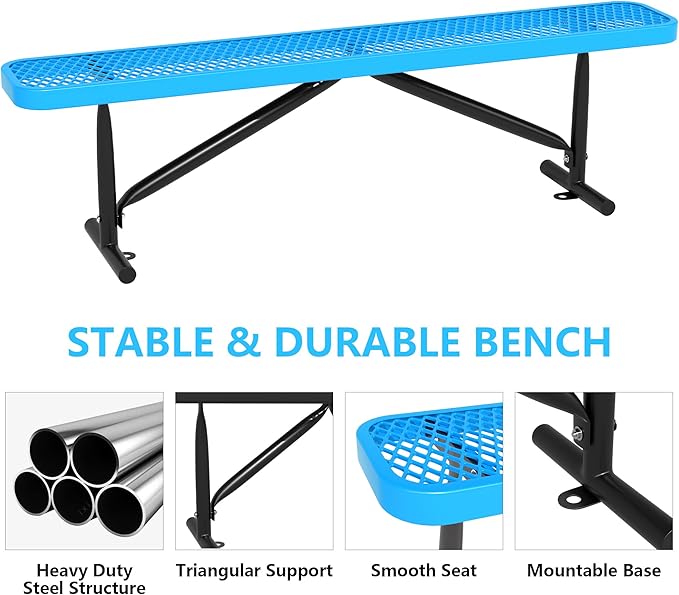 48" L Outdoor Steel Flat Bench, Heavy Duty Metal Park Bench for Outside, Expanded Metal, Commercial Benches Mesh Bench for Shopping Mall, Store, Lawn, Park, Patio, Deck, Garden (Blue, 6FT)