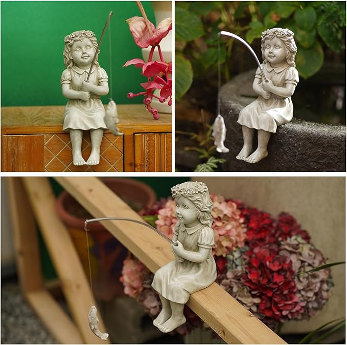 Goodeco Fishergirl Statue Garden Decor - 11" Little Fishing Guy for Koi Pond or Waterfalls, Poolside Statue with Glow in Dark Pebbles Included, Great Gifts for Mom, Women or Birthdays, Gift Ideas