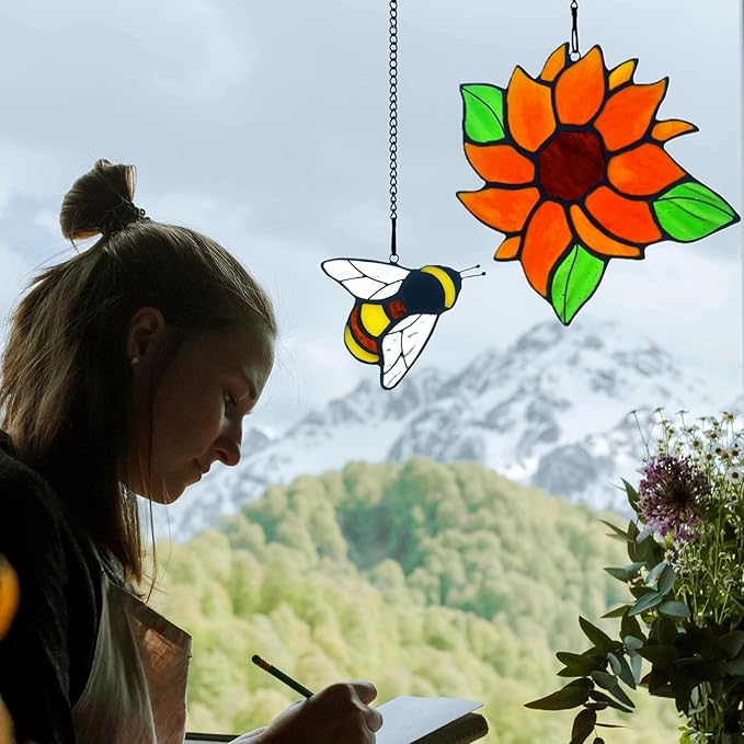2 Packs Sunflower Gifts for Mom Grandma, Honey Bee Sunflower Stained Glass Window Hanging, Sun Flower Suncatcher for Window, Bee Themed Gifts for bee Lovers