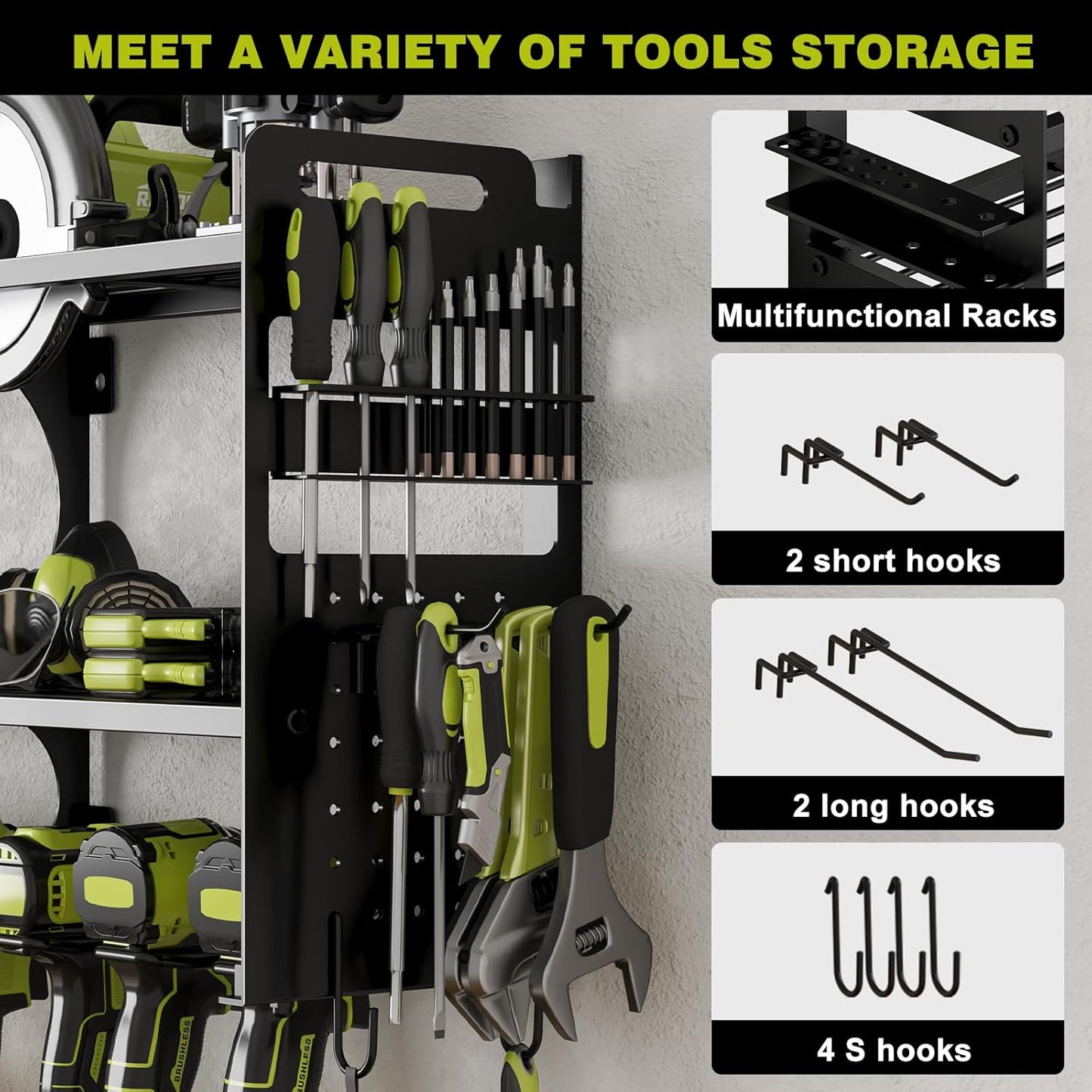 64" Power Tool Organizer Wall Mount, 16 Slots, 3-Tier Drill & Cordless Tool Storage Holder with Pegboard Sides, Tool Wall Organizer for Garage & Workshop Black
