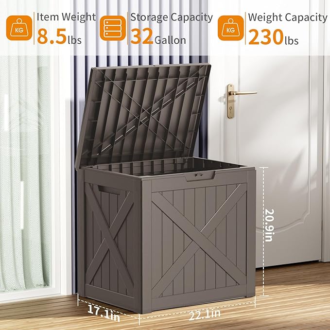 32 Gallon Resin Deck Box, Lockable Outdoor Storage Box for Patio Cushions Storage Furniture,Garden Tools, Pool Supplies, Weatherproof and UV Resistant (Grey X)