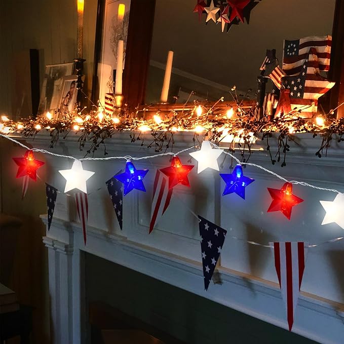 20 LED 4th of July Decor Big Star Lights, 17FT Red White and Blue Star String Lights Plug in, Memorial Day Independence Day Patriotic Decorations Outdoor Indoor for Home Garden Patio, White Wire