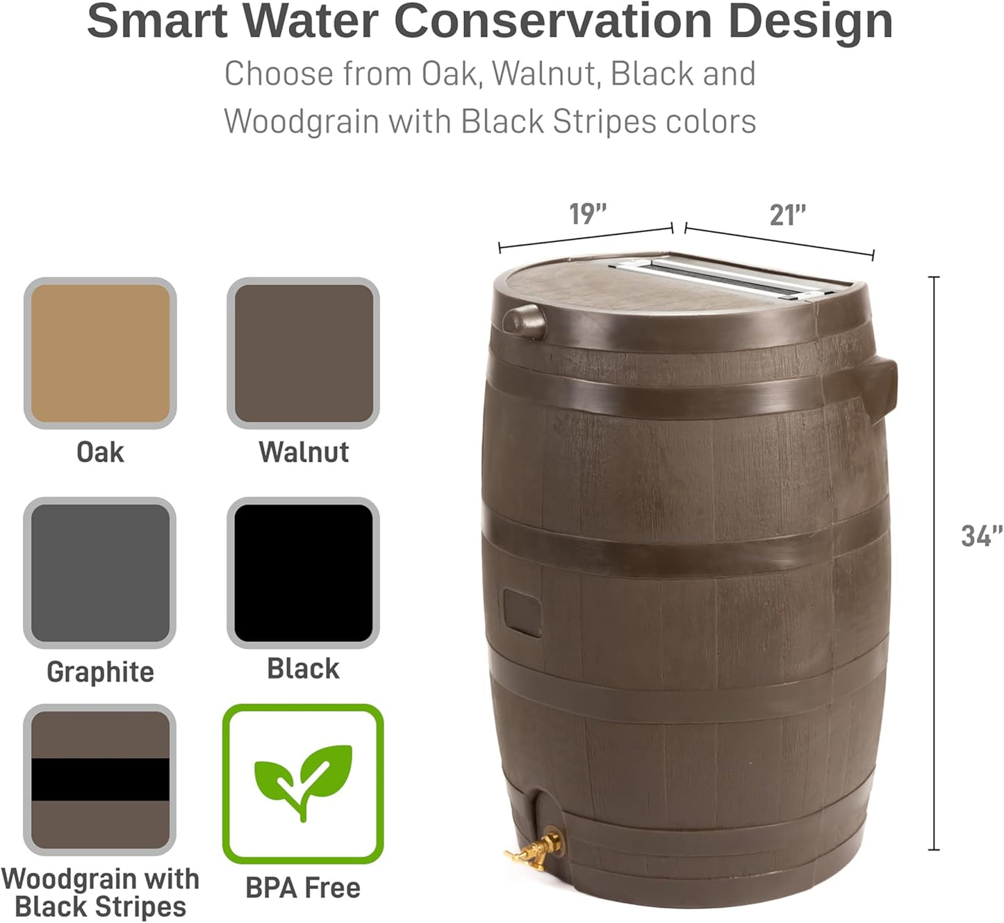 50-Gallon Rain Barrel with Link Kit, Flat Back Rain Water Collection Barrel, Link Kit Included, Walnut Color (2 Pack)