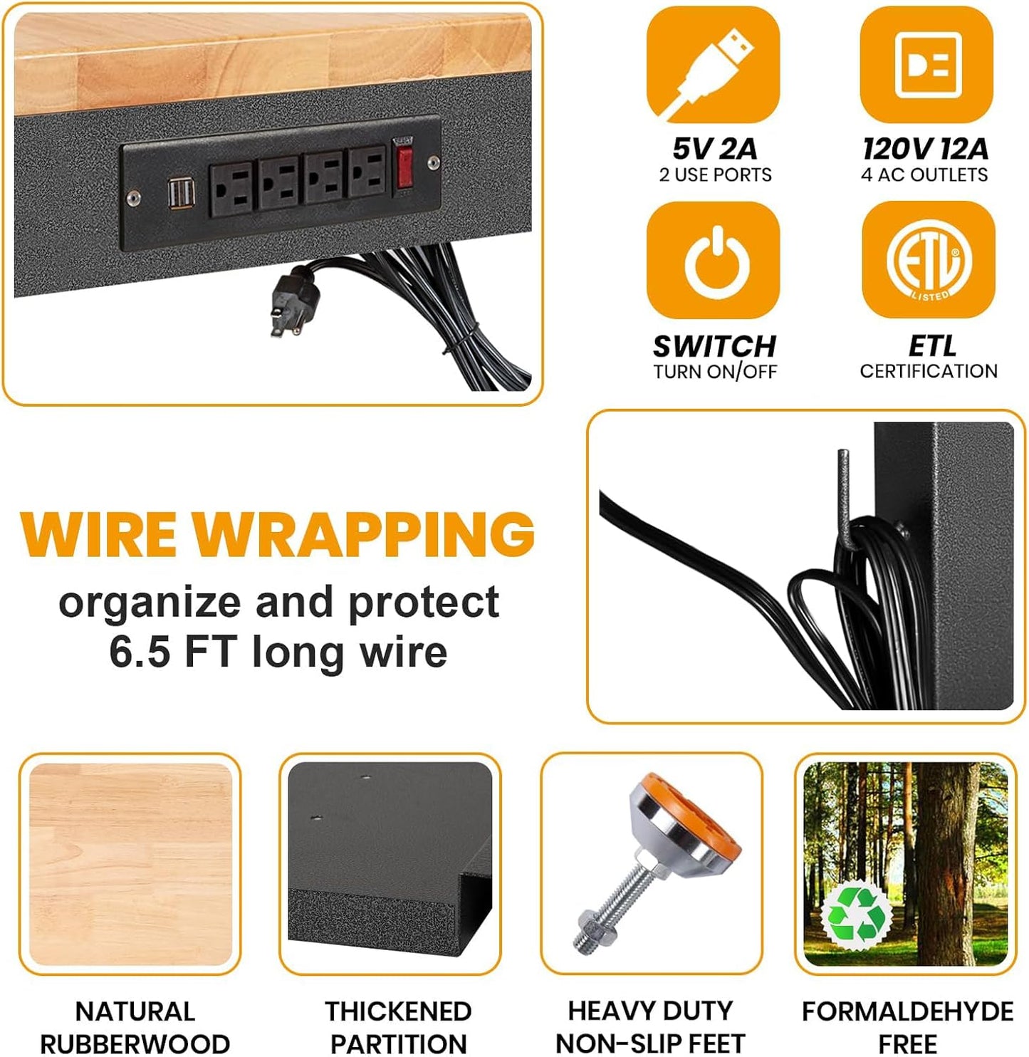 48"/60'' Adjustable Workbench, Rubber Wood Top Work Bench Heavy-Duty Work Table w/Power Outlet, Partition,2000 LBS Load Capacity Work Benches for Garage, Workshop, Home, Office, Easy Assembly