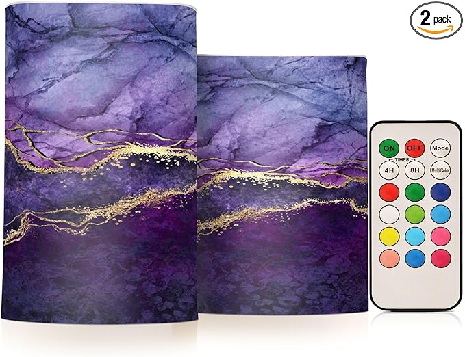 Flickering Flameless Candles, Purple Marble with Golden Veins LED Candles with Remote Timer, Set of 2 Battery Operated Candle for Valentine Wedding Birthday