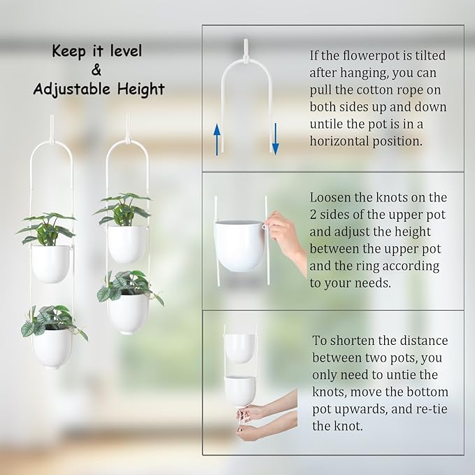 Hanging Planters 2 Tiers Metal Plant Hangers for Indoor Outdoor Plants Wall Ceiling Hanging Flower Pot Basket Holders Kitchen Room Decor(White)