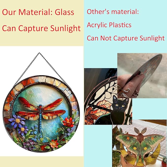 Dragonfly and Flower Suncatcher Stained Glass,Hanging Stained Glass Suncatcher for Windows,20cm/7.87inch Hand-Painted Sun Catcher Garden Hangings Halloween Fall Christmas Decor for Home
