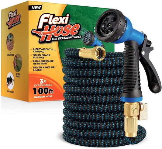 Flexi Hose with 8 Function Nozzle, 100FT - Lightweight Expandable Garden Hose, No-Kink Flexibility, 3/4 Inch Solid Brass Fittings and Double Latex Core
