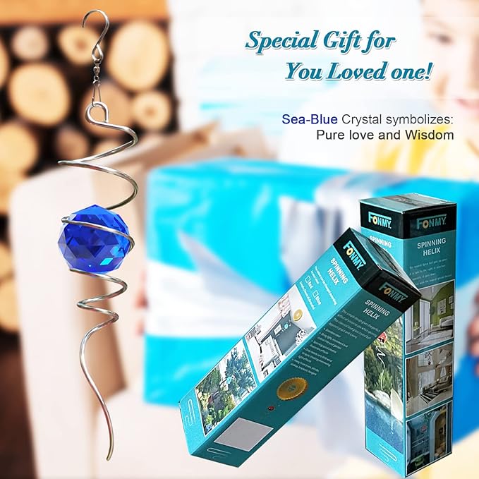 FONMY Gazing Ball Spiral Tail -Decorative Wind Spinner Sun Catcher Rainbow Maker 11 inch Tail and 2 inch Dark Blue Crystal Orb. Indoor Outdoor Garden Decoration -13 inch Height