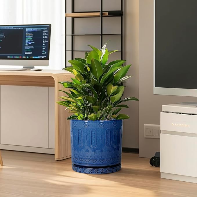 12 Inch Pot for Plants - Ceramic Planter for Indoor Plants Large Plant Pot with Drainage Holes and Saucer Outdoor Flower Pot Decorative Round Planter for Porch Office Decor Blue