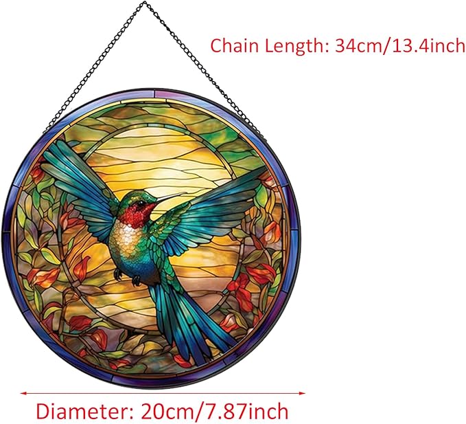 Hummingbirds Pattern Stained Glass Suncatchers for Windows,Hanging Stained Glass Suncatcher,20cm/7.87inch Hand-Painted Sun Catcher Garden Hangings Painted Glass Panel Decor Themed Gift