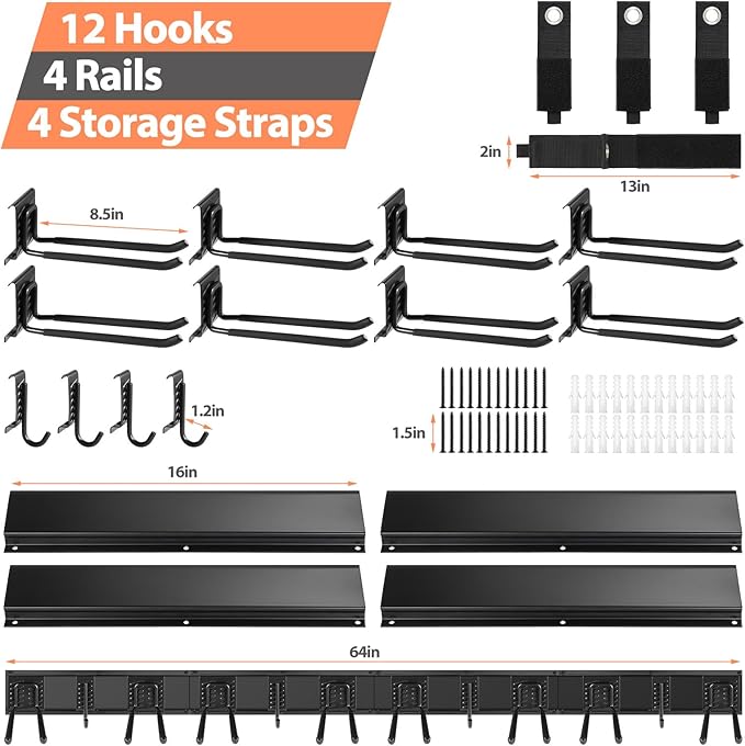 Garage Organizer Wall Mount, 64 Inch Garage Storage Organization, 20PCS Heavy Duty Garden Tool Organizer, Adjustable Tool Storage Rack Hooks, Yard Shed Tool Organizer, Hold Max 900 lbs