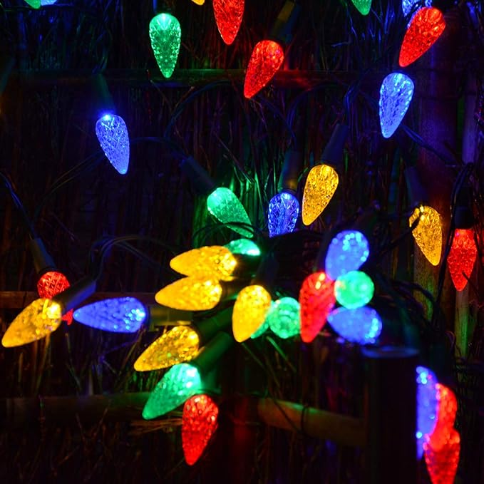 2 Pack Solar Christmas Lights Outdoor C6 Strawberry String Lights, LED Christmas Fairy Lights 50 LEDs Solar Operated Rechargeable Garden Lights for Christmas Tree, Holiday, Arbor Decor(Multicolor)