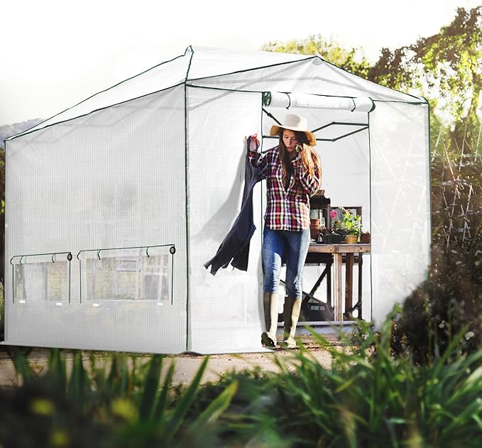 EAGLE PEAK 12x8 Portable Walk-in Greenhouse, Pop-up Indoor Outdoor Garden Green House, Zippered Doors and Windows, PE Cover, White