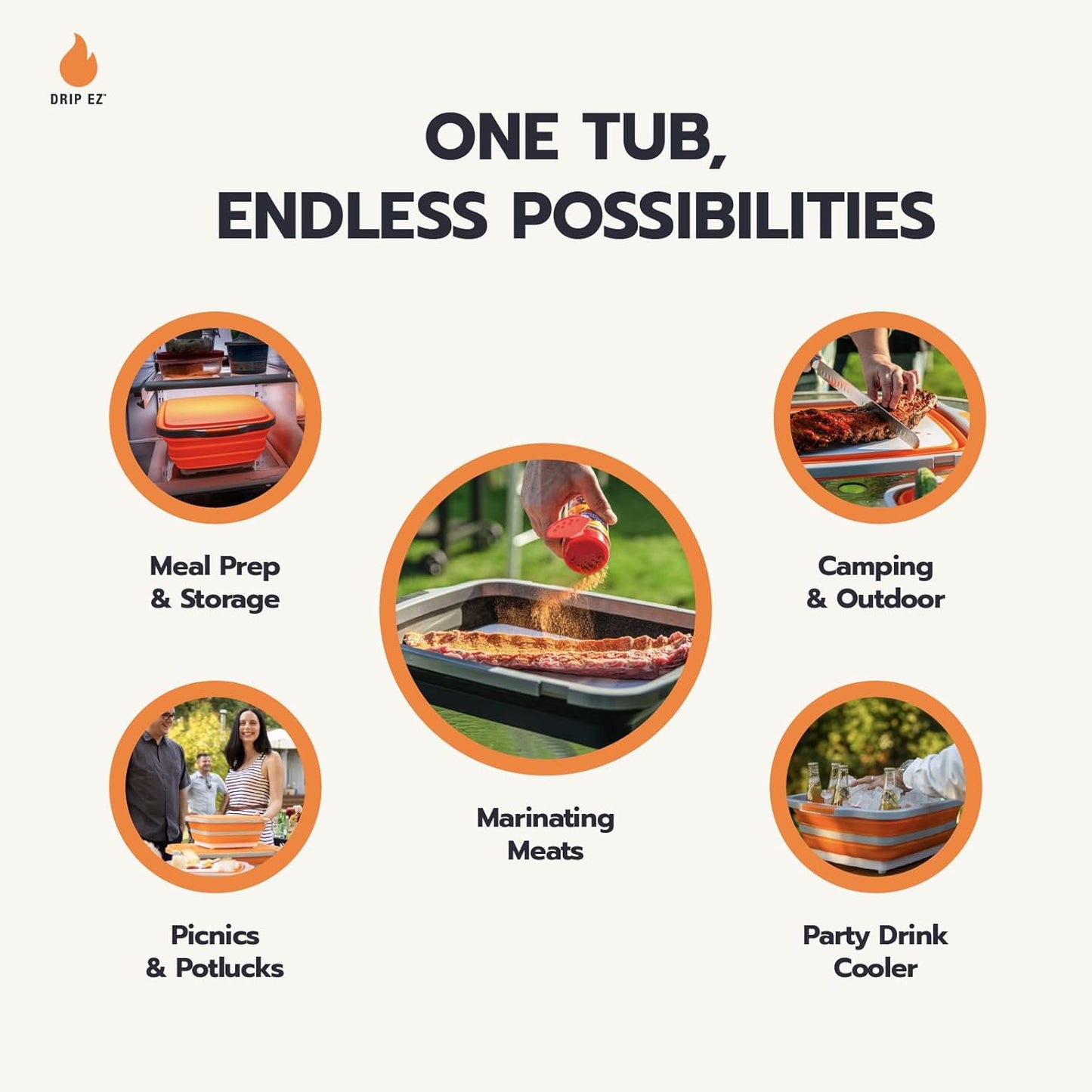 Drip EZ Collapsible BBQ Prep Tubs 3-Piece Set- For Meal Prep Marinating Food Storage - Includes Cutting Board & Lid - (1) JR + (1) OG + (1) XL - Black