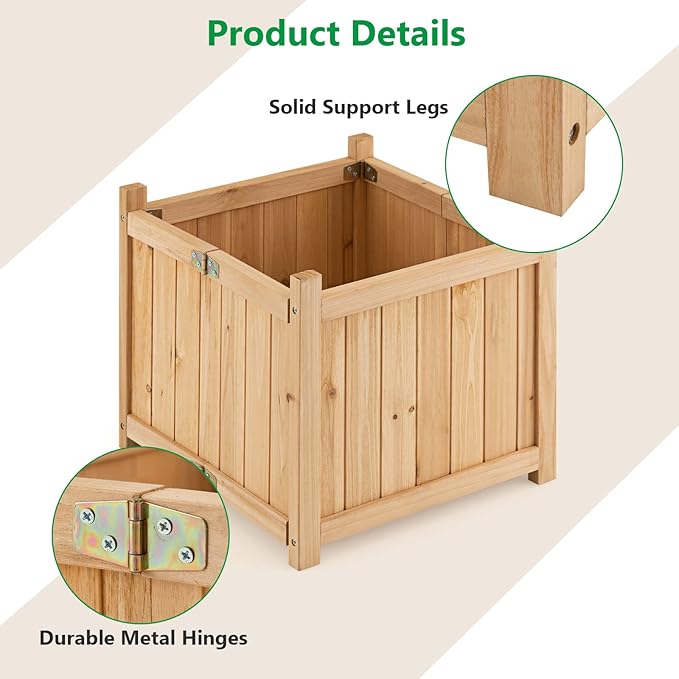 GRAFFY Raised Garden Bed, Folding Wood Planter Box w/Removable Bottom & Drainage, Indoor Outdoor Square Elevated Planter for Flower Herb Vegetable Fruit, Plant Container for Grass Lawn Patio Backyard