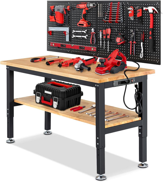 Adjustable Height Work Bench 60x 22 Workbench for Garage Work Table with Under Table Shelf for Shop Woodworking, Heavy Duty Rubber Wood Top for Office, Home, Commercial