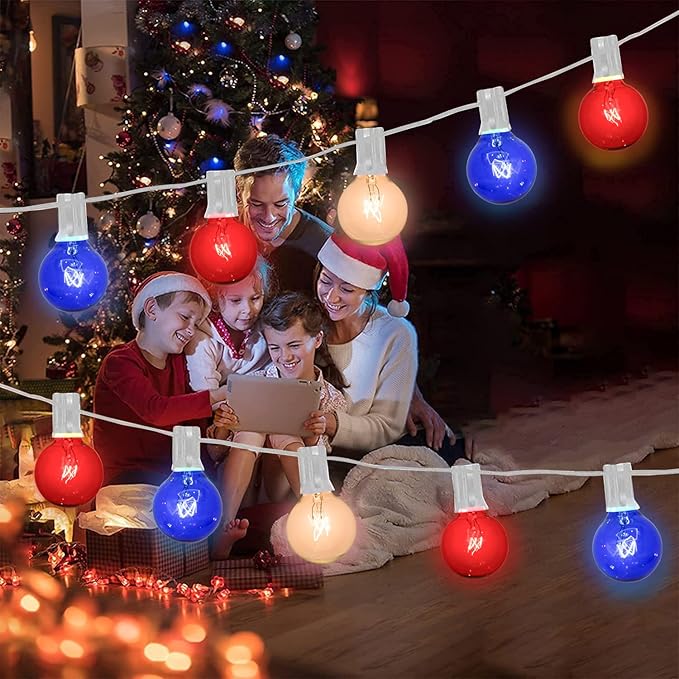 4th of July Decorations String Lights, 25Ft Outdoor Patio String Lights with 27 G40 Red White and Blue Light Bulbs(2 Spare), Multcicolor Christmas Lights for Patriotic Party Garden Festival Decor