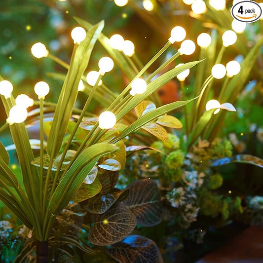 4 Pack 48 LED Solar Firefly Lights with Leaves, Solar Garden Lights Outdoor Decoration with 2 Lighting Modes, Waterproof Solar Outdoor Lights Decorative, Solar Lights for Outside Pathway, Warm White