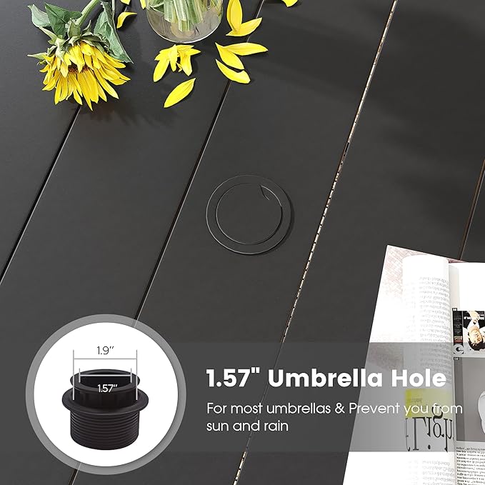 DIFY Outdoor Dining Table for 4, Round Patio Table with Umbrella Hole for Garden, Backyard and Porch (Black)