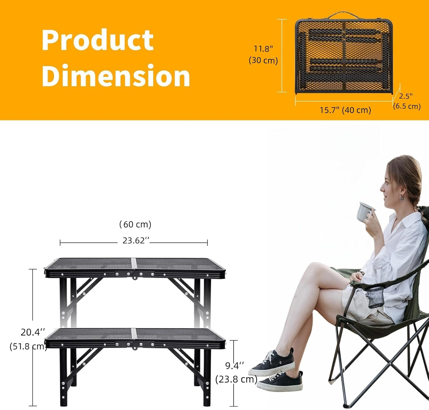 Grill Table Small Folding Table 2FT Foldable Camping Table Picnic Portable Mesh 2 Height Adjustable Outdoor Beach BBQ Black 23.6×15.7× 9.4/20.4inch