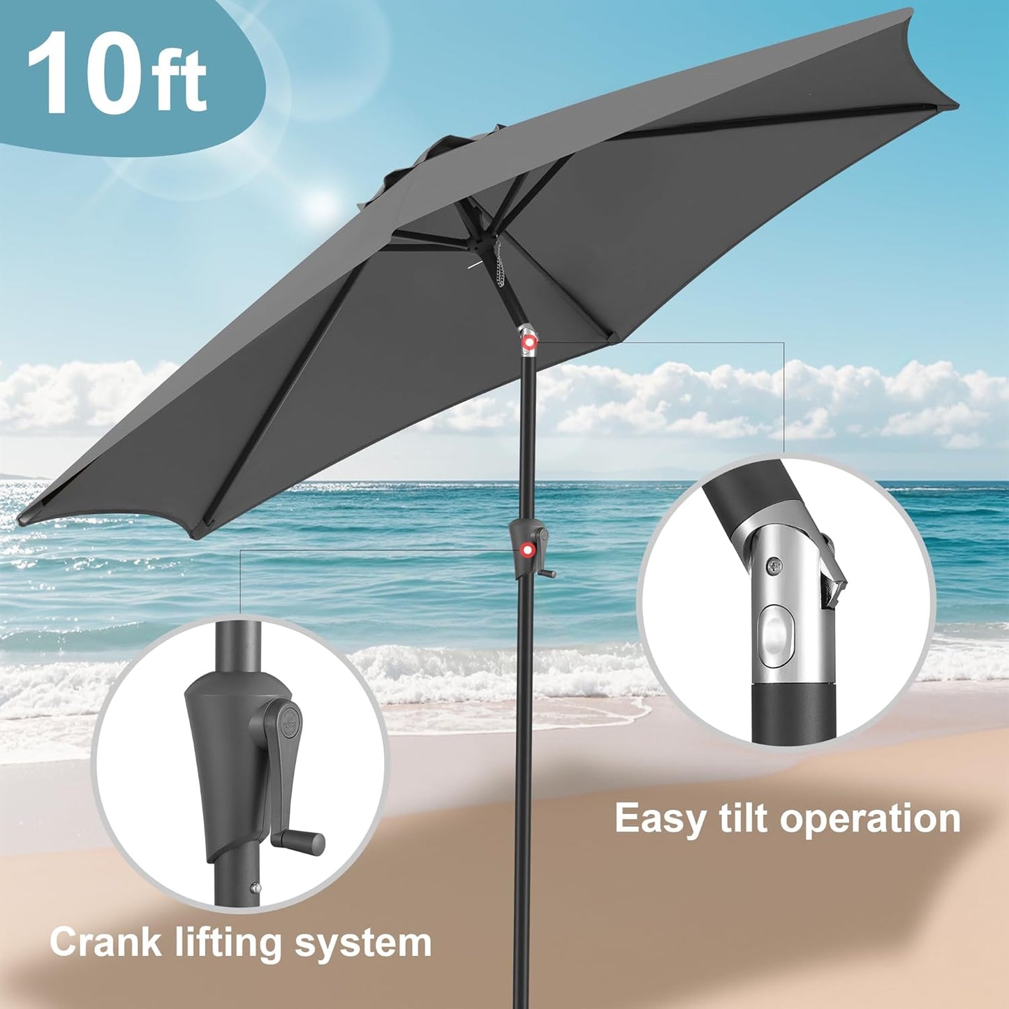 FLAME&SHADE 10ft Patio Umbrella - Outdoor Umbrella with 6 Sturdy Ribs, Push Button Tilt and Crank, UV Protection Table Market Umbrella for Pool, Porch，Garden, Deck, Backyard (Anthracite)