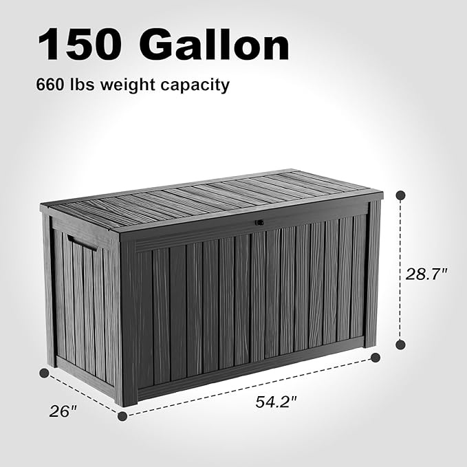 150 Gallon Outdoor Deck Box,Storage Lockable Waterproof Patio Furniture,Garden Tools,Cushions,Pool Accessories Outside Storage Resin Box(Black)