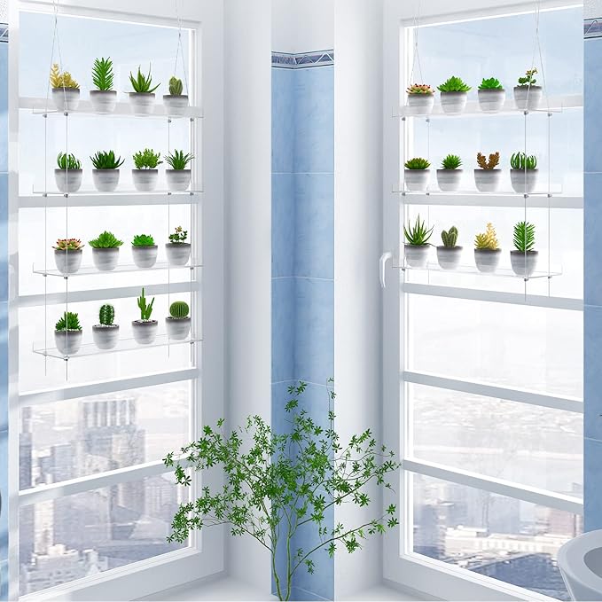 3-Tier Clear Hanging Window Plant Shelves 16In, Height Adjustable Acrylic , Indoor Windows Wall Hanging Plant Stand Flower Display, Flower Pot Organizer Storage for Grow Herbs, Microgreens, Succulents