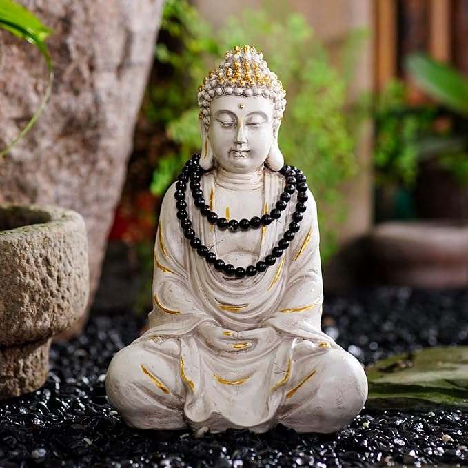 Goodeco 11.4 Meditating Zen Buddha Statue Figurine Sculpture - Indoor/Outdoor Decor for Home,Garden,with Natural Wood Beaded Necklace,Polyresin (White)