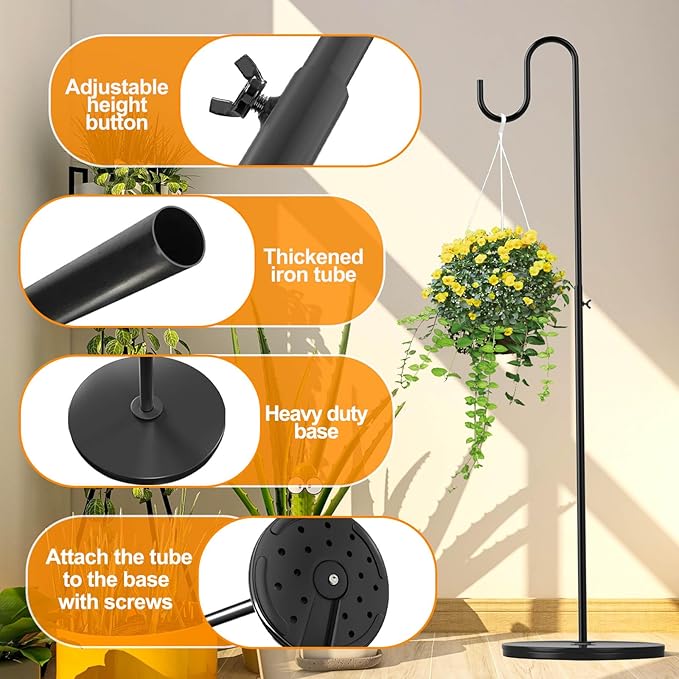 2 Pack Plant Stand Indoor Outdoor, Heavy Duty Wind Chime Holders, Hanging Plant Stand, 33" - 59" Adjustable Shepherds Hooks, Hold 16 lbs - Black