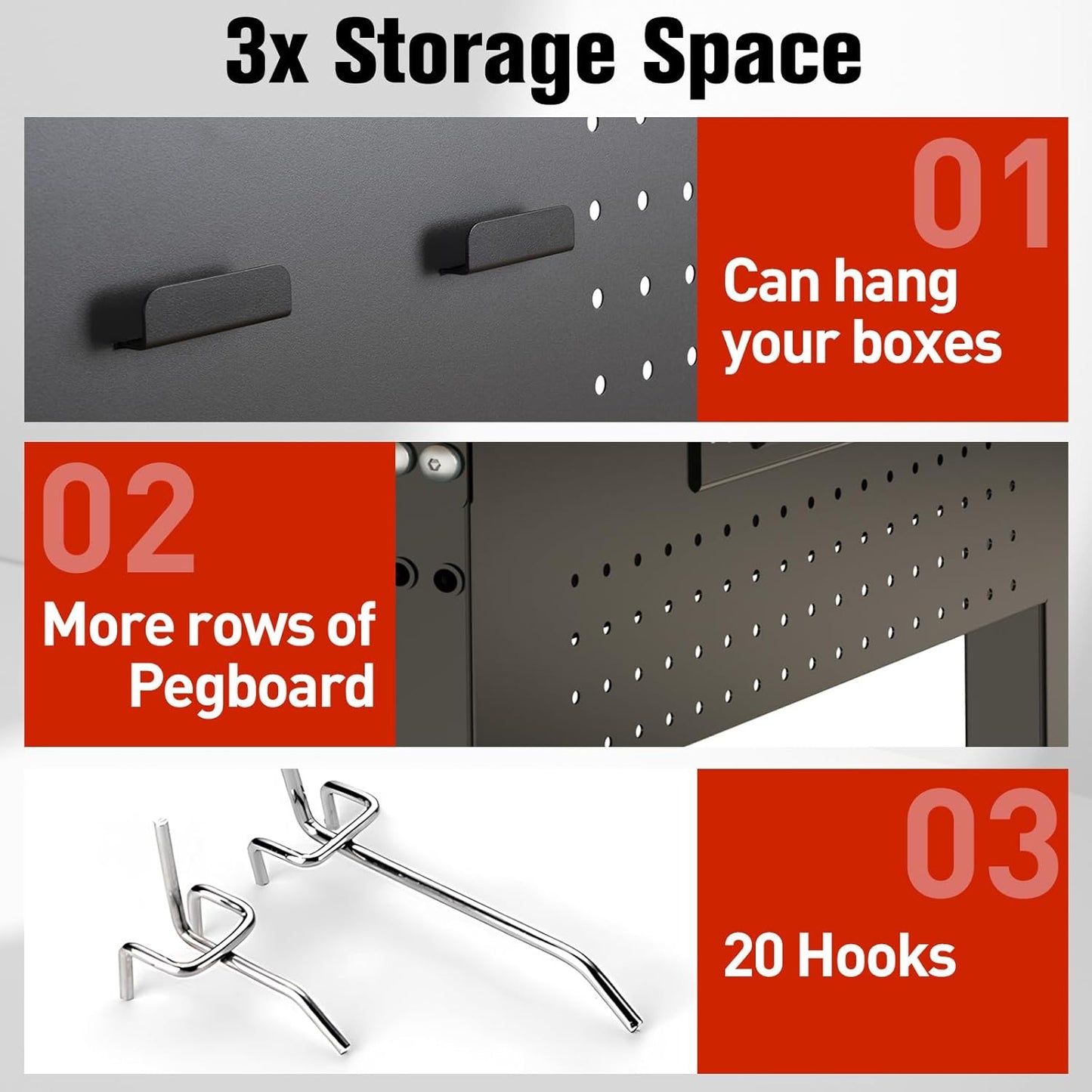 48" Workbench with Drawers, Work Benches for Garage with Strip Light, Adjustable Work Table with Large Pegboard, 2000 LBS Heavy Duty Table with Power Outlet Rubber Wood for Garage, Office